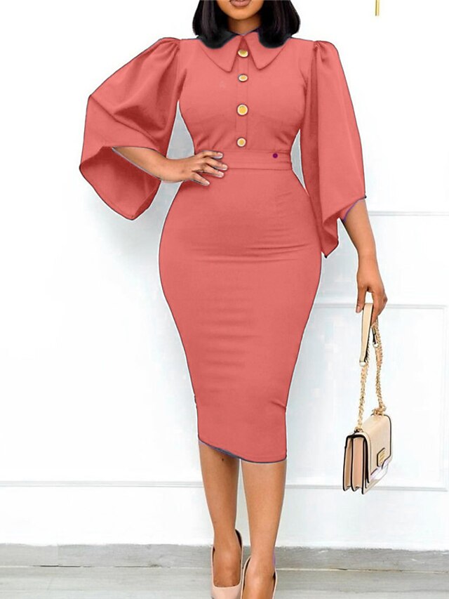 Womens Clothing Womens Dresses | Womens Sheath Dress Midi Dress Green Pink Royal Blue 3/4 Length Sleeve Pure Color Button Spring