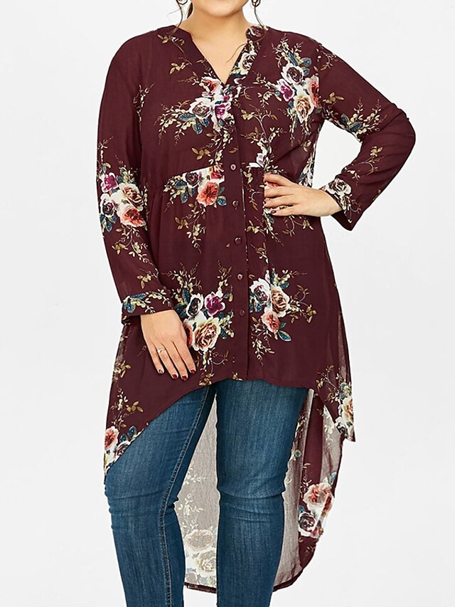 Womens Clothing Plus Size Collection | Womens Plus Size Tops Blouse Floral Print Long Sleeve V Neck Streetwear Festival Daily Sp