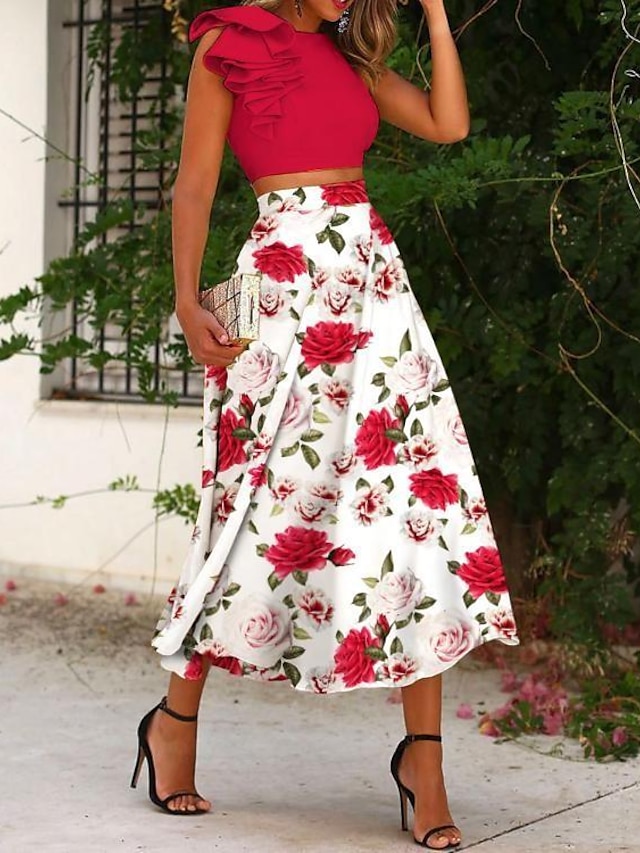 Women's Blouse Skirt Sets Floral Print Pink Red Sleeveless Cocktail ...