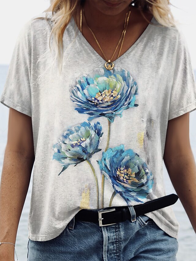 Womens Clothing Womens Tops | Womens Casual Holiday Weekend Floral Painting T shirt Tee Floral Short Sleeve Print V Neck Basic T