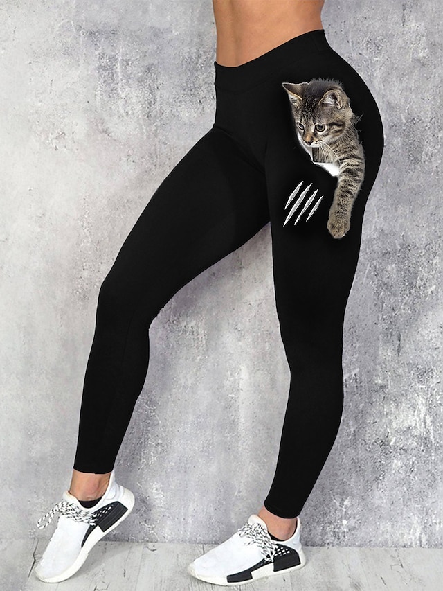  Women's Tights Leggings Print Hip-Hop Athleisure Leisure Sports Going out Stretchy Comfort 3D Print Cat Mid Waist 3D Print White Black S M L