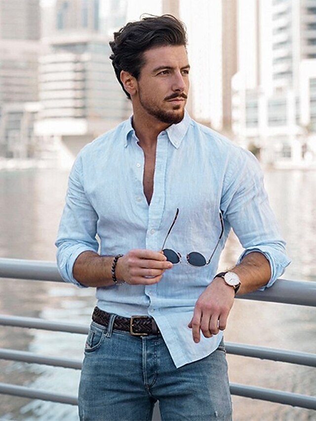 Mens Clothing Mens Shirts | Mens Shirt Solid Color Turndown Casual Daily Button-Down Long Sleeve Tops Lightweight Casual Fashion