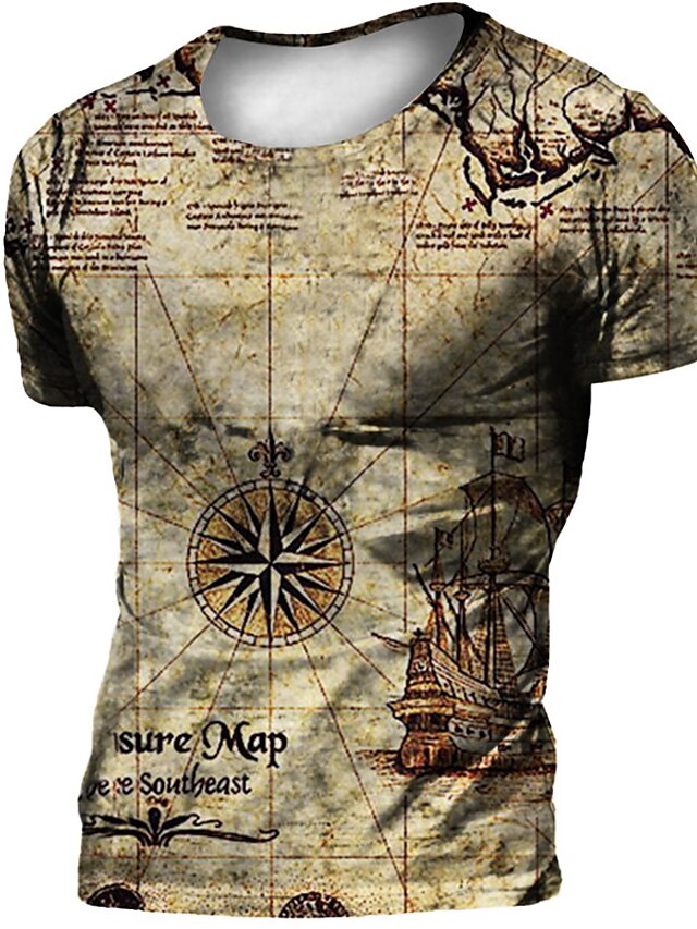  Men's Unisex T shirt 3D Print Map Graphic Prints Crew Neck Street Daily Print Short Sleeve Tops Casual Designer Big and Tall Sports Khaki