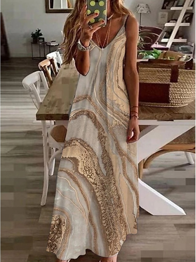  robe longue Femme Robe casual Sans Manches Printemps Eté - Casual Imprimer Imprime Impression de marbre Col V Fin de semaine 2023 Kaki S M L XL XXL 3XL