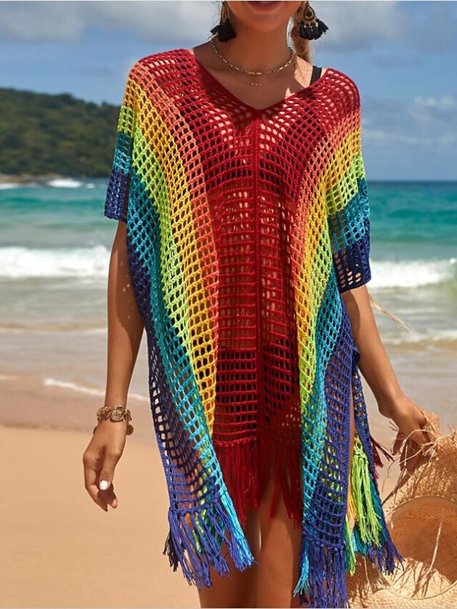Women's Swimwear Cover Up Beach Dress Normal Swimsuit Tassel Hole Color ...