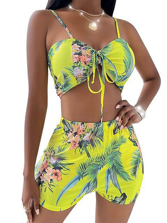 Womens Clothing Womens Swimwear | Womens Swimwear Bikini Three Piece Normal Swimsuit UV Protection Lace up Printing Hole Floral 