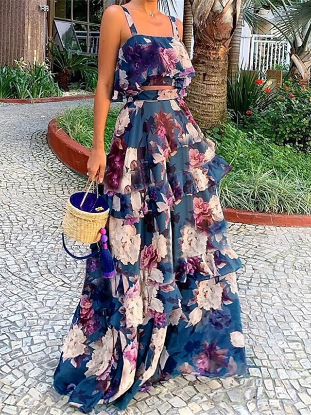  Women's Dress Set Two Piece Dress Skirt Set Long Dress Maxi Dress Photo Color Sleeveless Floral Layered Summer Spring Cold Shoulder Vacation 2023 S M L XL XXL