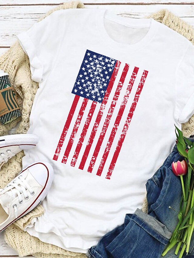 Womens Clothing Womens Tops | Womens Casual Weekend Independence Day Painting T shirt Tee USA National Flag Short Sleeve Print R