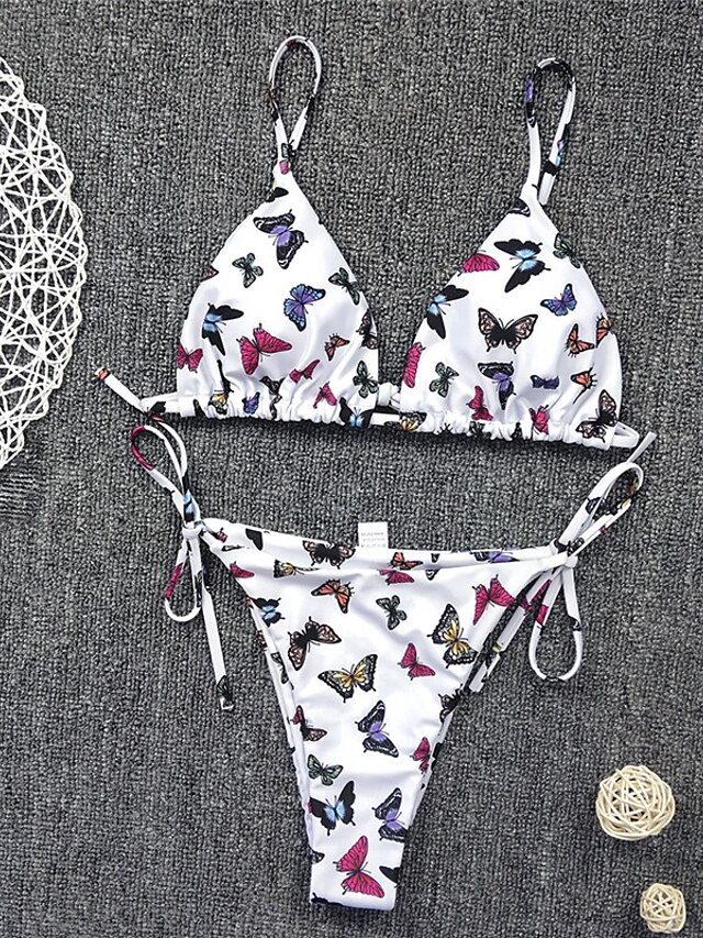 Womens Clothing Womens Swimwear | Womens Swimwear Bikini 2 Piece Normal Swimsuit Open Back Printing string Butterfly Animal Whit