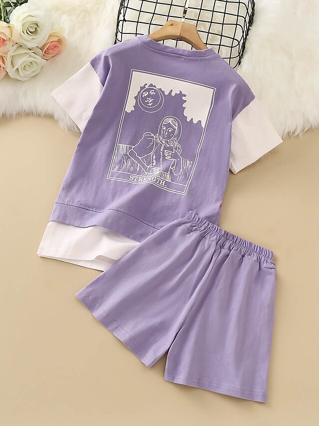 Baby & Kids Girls Clothing | Kids Girls Childrens Day T-shirt & Shorts Shorts Set Clothing Set 2 Pieces Short Sleeve Purple Pink