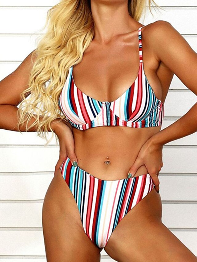 Womens Clothing Womens Swimwear | Womens Swimwear Bikini 2 Piece Normal Swimsuit Backless High Waist Printing string Stripe Red 