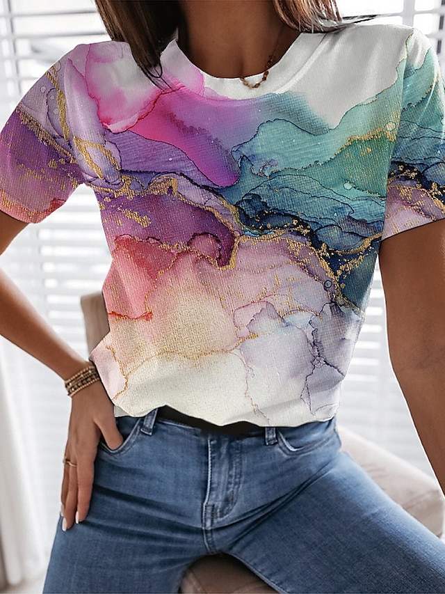  Women's T shirt Tee Green Print Graphic Casual Weekend Short Sleeve Round Neck Basic Regular Abstract Painting S