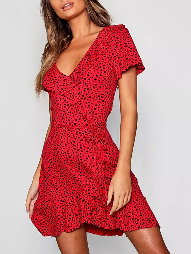 Womens Clothing Womens Dresses | Womens A Line Dress Short Mini Dress White Black Red Yellow Short Sleeve Polka Dot Chiffon Ruff