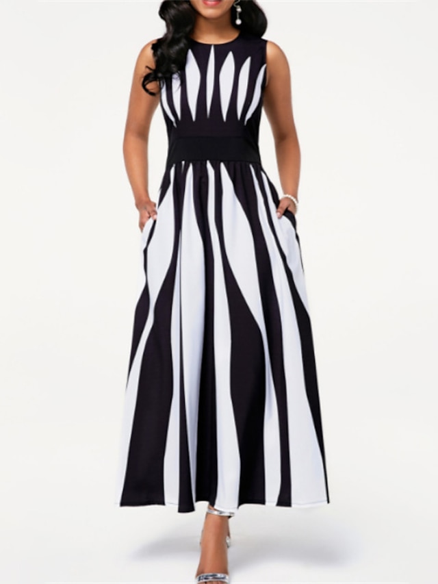 Womens Clothing Womens Dresses | Womens Swing Dress Maxi long Dress White Sleeveless Striped Pocket Print Spring Summer Crew Nec