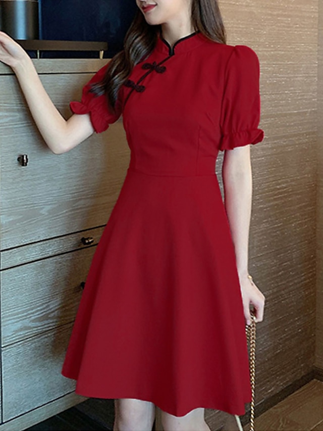 Womens Clothing Womens Dresses | Womens A Line Dress Short Mini Dress Black Red Short Sleeve Solid Color Ruched Spring Summer Ma