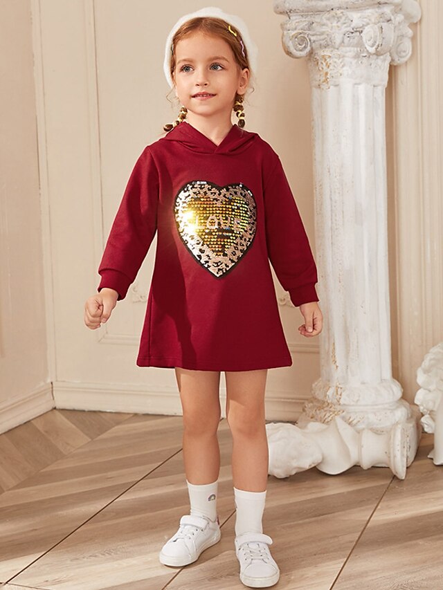 Baby & Kids Girls Clothing | Kids Little Girls Dress Heart Letter A Line Dress Daily Print Green Gray Red Above Knee Long Sleeve