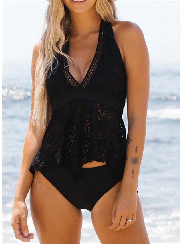  Women's Swimwear Tankini 2 Piece Plus Size Swimsuit Pure Color Open Back Lace for Big Busts Black V Wire Vest Bathing Suits Vacation Fashion New / Modern / Padded Bras