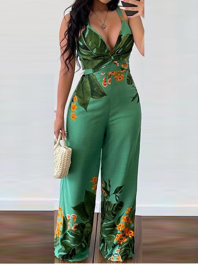 Women's Jumpsuit Backless Print Floral V Neck Streetwear Daily Going ...