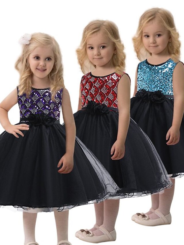 Baby & Kids Girls Clothing | Kids Little Girls Dress Sequin A Line Dress Party Performance Mesh Bow Blue Purple Wine Knee-length