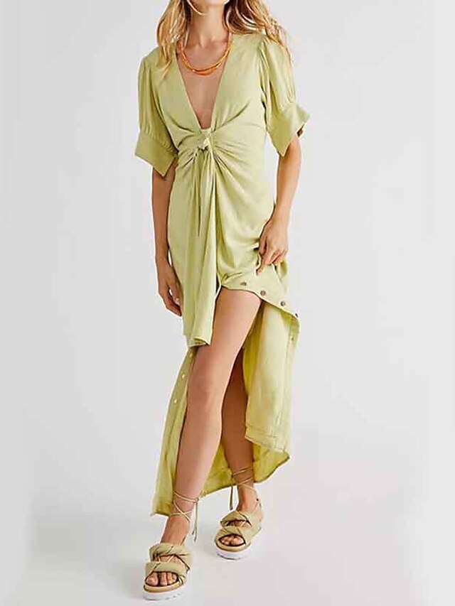 Womens Clothing Womens Dresses | Womens Chiffon Dress Maxi long Dress Light Green Half Sleeve Solid Color Lace up Summer V Neck 