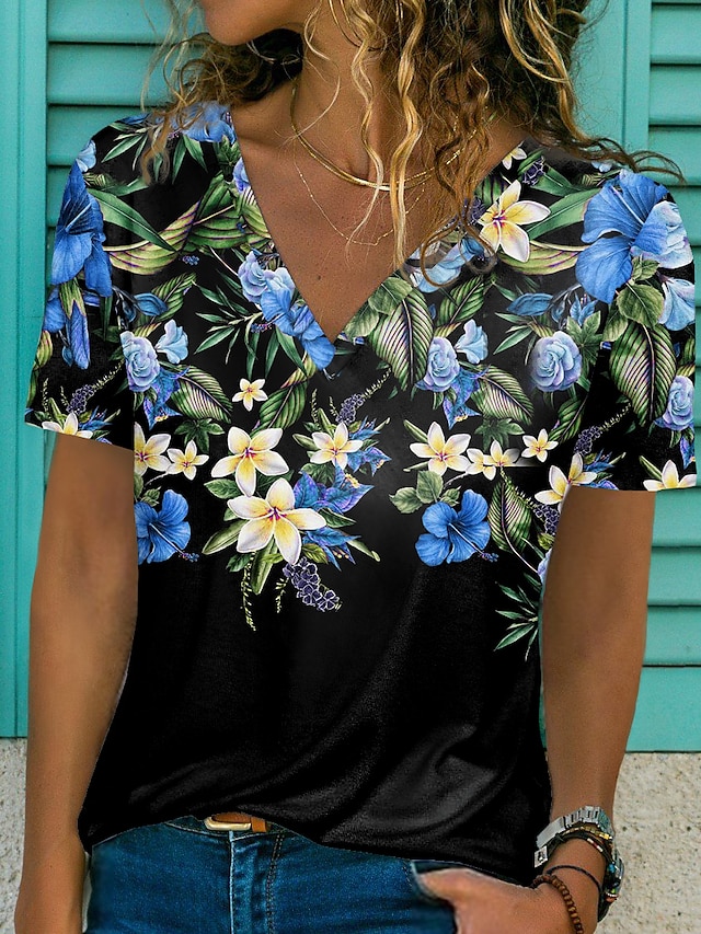 Womens Clothing Womens Tops | Womens Floral Casual Holiday Weekend Floral Painting T shirt Tee Short Sleeve Print V Neck Basic E