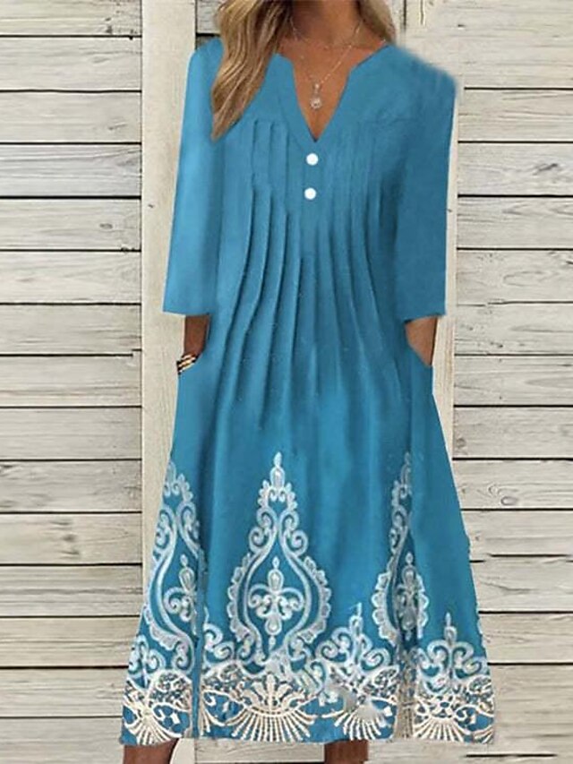 Womens Clothing Womens Dresses | Womens A Line Dress Midi Dress Blue Half Sleeve Color Block Print Spring Summer V Neck Elegant 