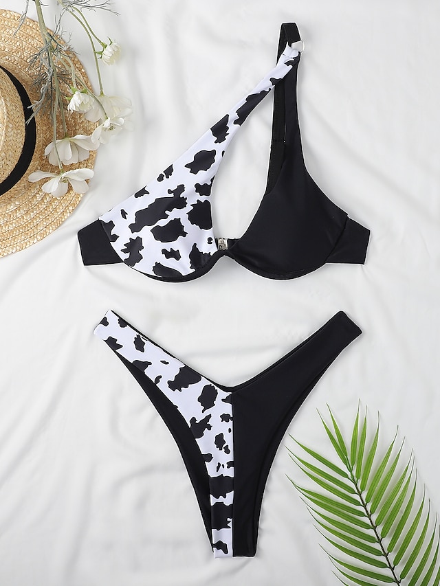 Womens Clothing Womens Swimwear | Womens Swimwear Bikini 2 Piece Normal Swimsuit Backless 2 Piece Printing Hole Color Block Cow 