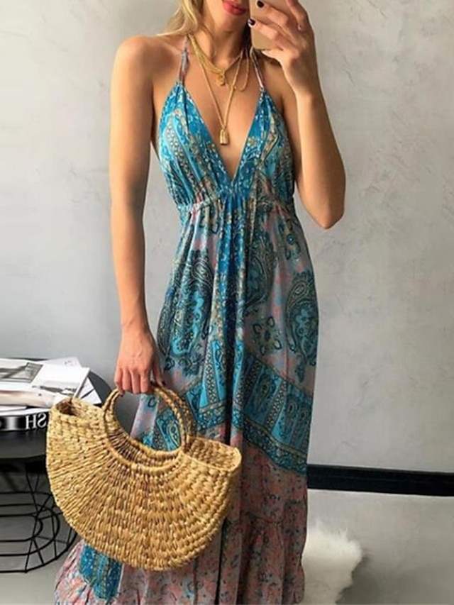 Womens Clothing Womens Dresses | Womens Swing Dress Midi Dress Blue Sleeveless Floral Backless Cold Shoulder Print Spring Summer