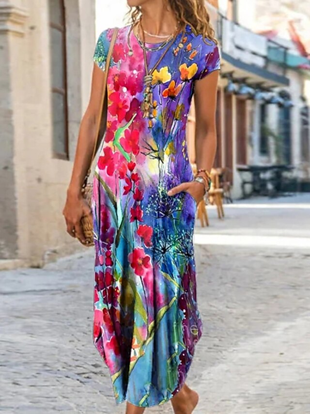 Women's Casual Dress Ethnic Dress Floral Print Print Crew Neck Maxi ...