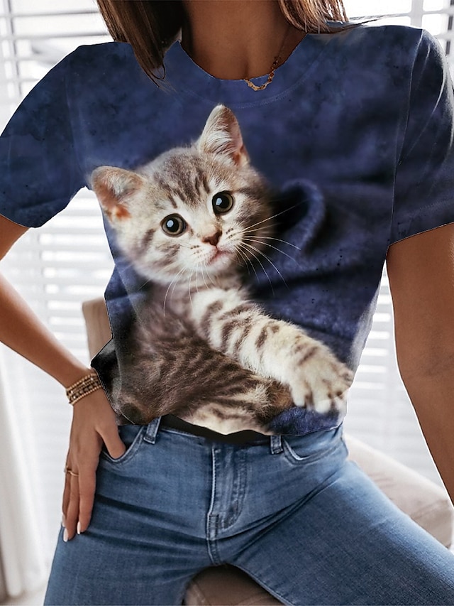  Women's 3D Cat Design T shirt Cat Graphic 3D Print Round Neck Basic Tops Green Blue Pink
