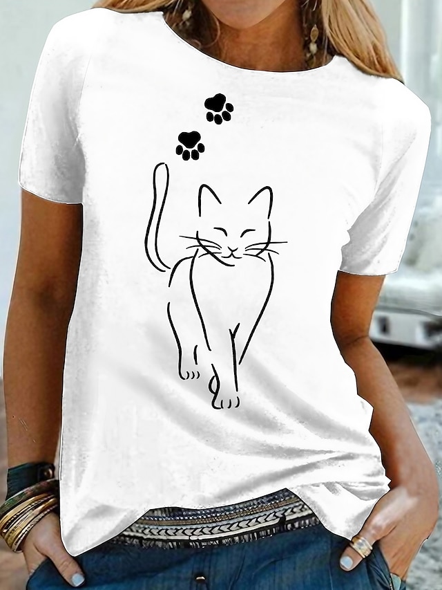  Women's Cat Design T shirt Cat Graphic Print Round Neck Basic Tops White Black Gray