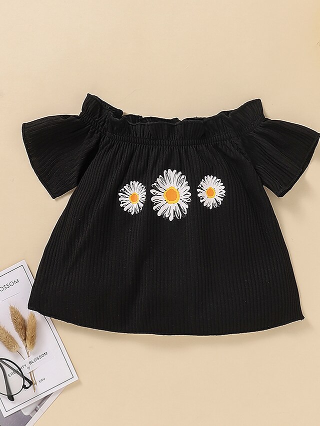 Baby & Kids Girls Clothing | Kids Girls T-shirt & Skirt Clothing Set 2 Pieces Short Sleeve Black Floral Print Indoor Outdoor Com