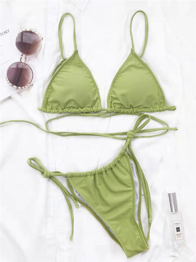 Womens Clothing Womens Swimwear | Womens Swimwear Bikini 2 Piece Normal Swimsuit Open Back string Pure Color Green Strap Bathing