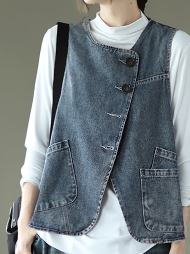 Womens Clothing Womens Outerwear | Womens Vest Denim Jacket Denim Vest Street Daily Going out Fall Spring Regular Coat Regular F