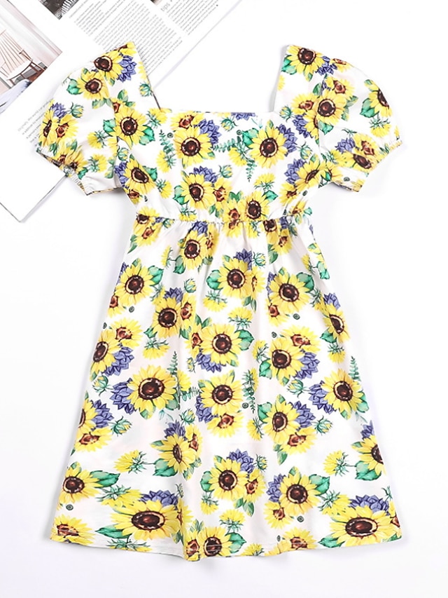 Baby & Kids Girls Clothing | Kids Little Girls Dress Floral A Line Dress Daily Holiday Ruched Print White Midi Short Sleeve Cute