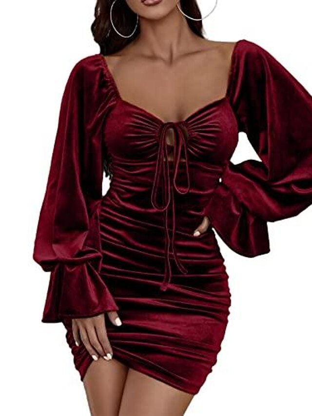 Womens Clothing Womens Dresses | Womens Bodycon Short Mini Dress Black Wine Brown Long Sleeve Pure Color Ruched Fall Spring V Ne