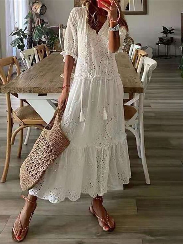 Womens Clothing Womens Dresses | Womens A Line Dress Maxi long Dress White Half Sleeve Pure Color Hollow Out Spring Summer V Nec