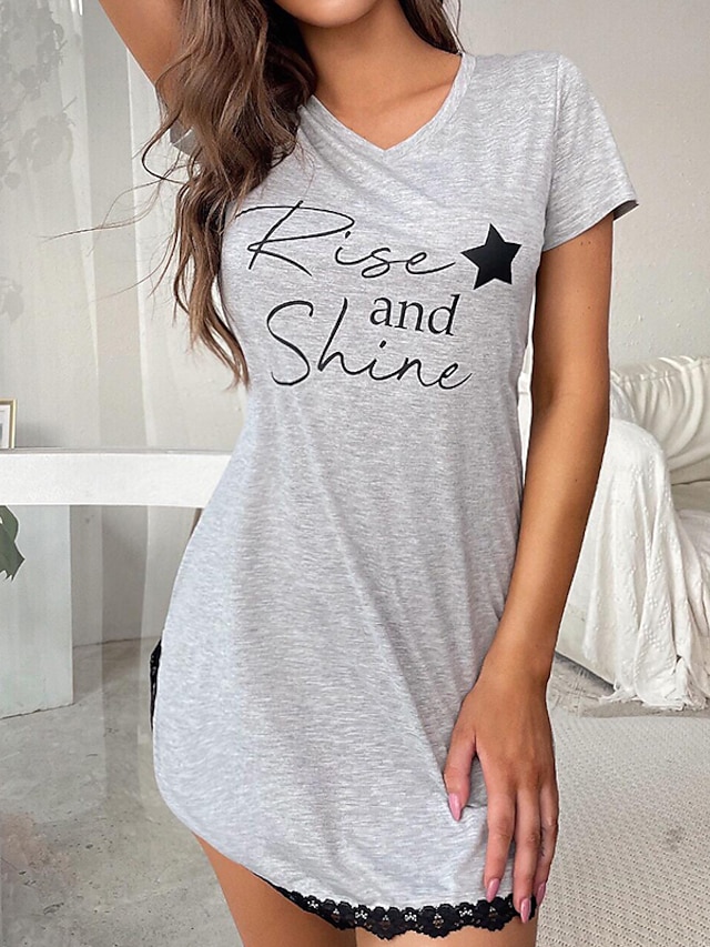 Womens Clothing Womens Sleep & Lounge | Womens Pajamas Nightgown Letter Simple Comfort Home Polyester V Wire Short Sleeve Spring