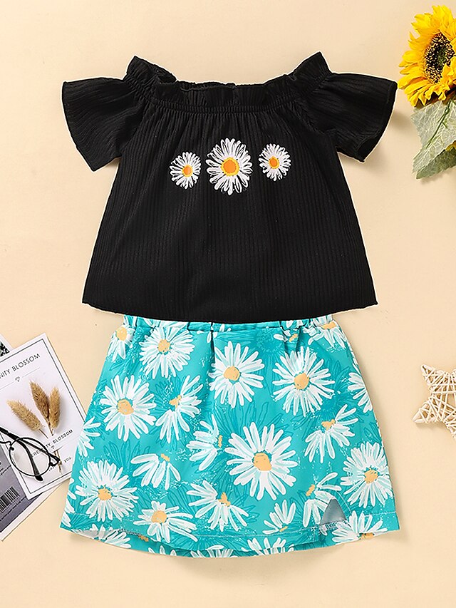 Baby & Kids Girls Clothing | Kids Girls T-shirt & Skirt Clothing Set 2 Pieces Short Sleeve Black Floral Print Indoor Outdoor Com