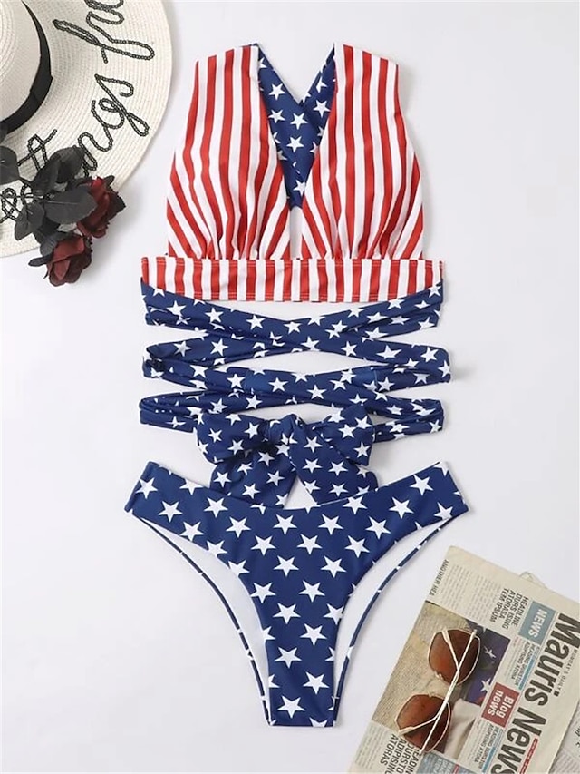 Womens Clothing Womens Swimwear | Womens Swimwear Bikini 2 Piece Normal Swimsuit Open Back Cut Out Printing National Flag Blue H