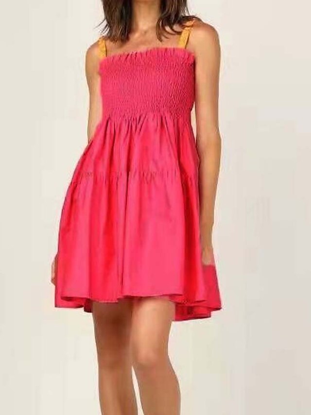 Womens Clothing Womens Dresses | Womens Strap Dress Short Mini Dress Pink Sleeveless Solid Color Ruched Spring Summer Square Nec