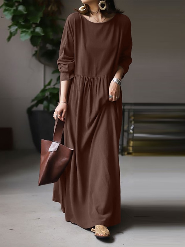  Women's Linen-Cotton Blend Maxi Dress Long Sleeve Loose Fit Patchwork Crew Neck Casual