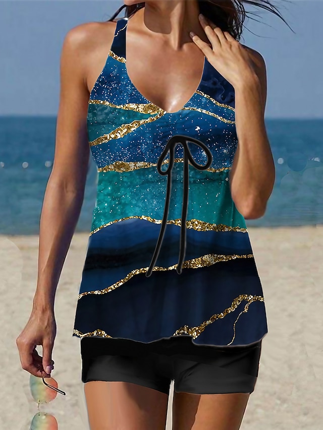 Women's Swimwear 2 Piece Normal Swimsuit Printing Gradient Color Blue ...