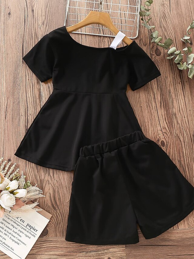 Baby & Kids Girls Clothing | Kids Girls Childrens Day T-shirt & Shorts Pants Set Clothing Set 2 Pieces Short Sleeve Black Solid 