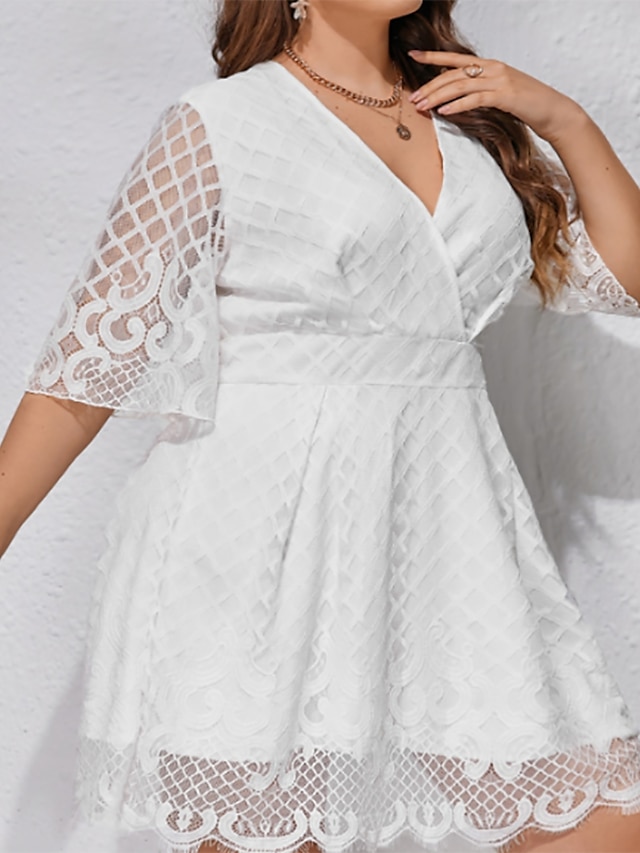 Womens Clothing Plus Size Collection | Womens Plus Size A Line Dress Solid Color V Neck Lace Short Sleeve Spring Summer Casual S