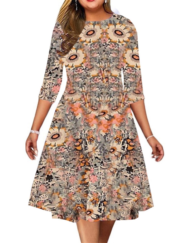 Womens Clothing Plus Size Collection | Womens Plus Size A Line Dress Floral Round Neck Print 3/4 Length Sleeve Spring Summer Cas