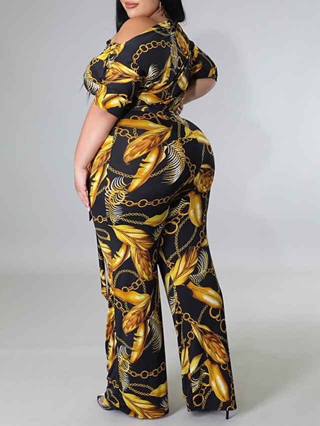 Womens Clothing Plus Size Collection | Womens Plus Size Jumpsuit Print Color Block Letter Streetwear Casual Daily High Full Leng