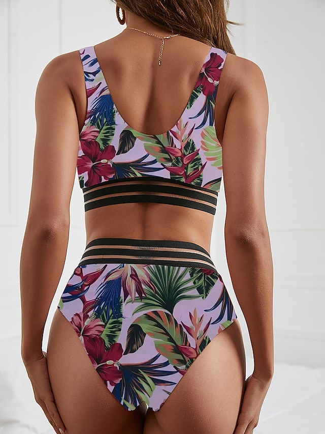 Womens Clothing Womens Swimwear | Womens Swimwear Bikini 2 Piece Normal Swimsuit Backless Printing High Waisted Floral Leaf Blac