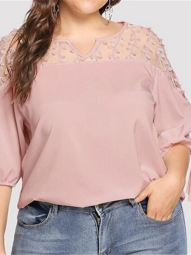 Womens Clothing Plus Size Collection | Womens Plus Size Tops T shirt Plain Lace 3/4 Length Sleeve V Neck Basic Streetwear Daily 