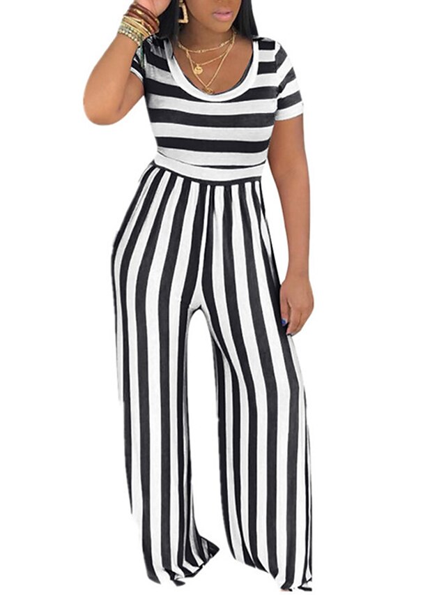 Womens Clothing Womens Jumpsuits & Rompers | Womens Jumpsuit Print Striped Crew Neck Casual Street Daily Regular Fit Short Sleev